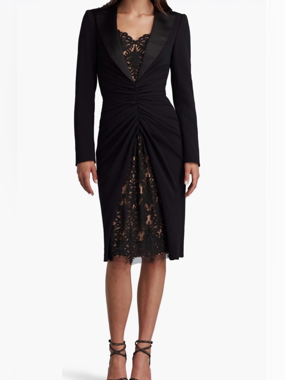 Tadashi Shoji Black Long-Sleeve Draped Front Cocktail Dress with Lace Inset